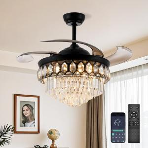42 Black Chandelier Ceiling Fan with Light and APP/Remote Control, Retractable Fandelier Celing Fan with Light, LED Kinds of Color Dimming 6-Speed Silent Crystal Ceiling Fan for Bedroom Living Room