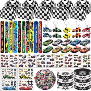 120 Pcs Race Car Party Favors Set with Keychains Slap Bracelets Tattoo Stickers Wristbands Treat Boxes Treat Bags Stuffers Race Car Party Supplies Race Car Party Decorations