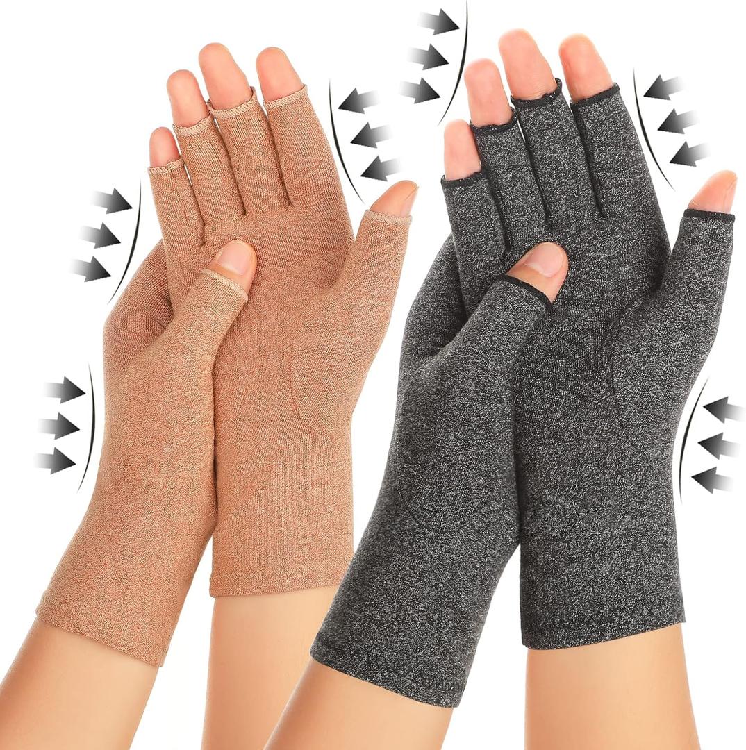 2 Pairs Arthritis Compression Gloves for Women Men, Carpal Tunnel Pain Relief, Fingerless for Typing Both Hands (Medium, Brown1+grey1)