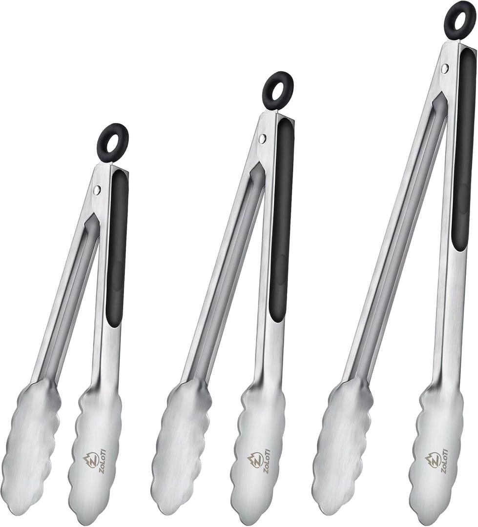 Kitchen Tongs Set, 3 PCS, 12, 9 & 7 Inch | Silicone Grips, Lockable, Stainless Steel, Heat Resistant, For Grill Camping Cooking BBQ