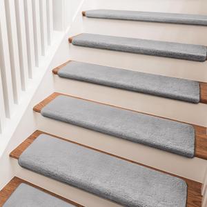 PURE ERA Carpet Stair Treads Ultra Plush 9.5" X 30"Soft Bullnose Indoor Stair Protectors Pet-Friendly Non-Slip Skid Resistant Tape Free Washable Reusable (14 Pieces, Gray) (Grey)