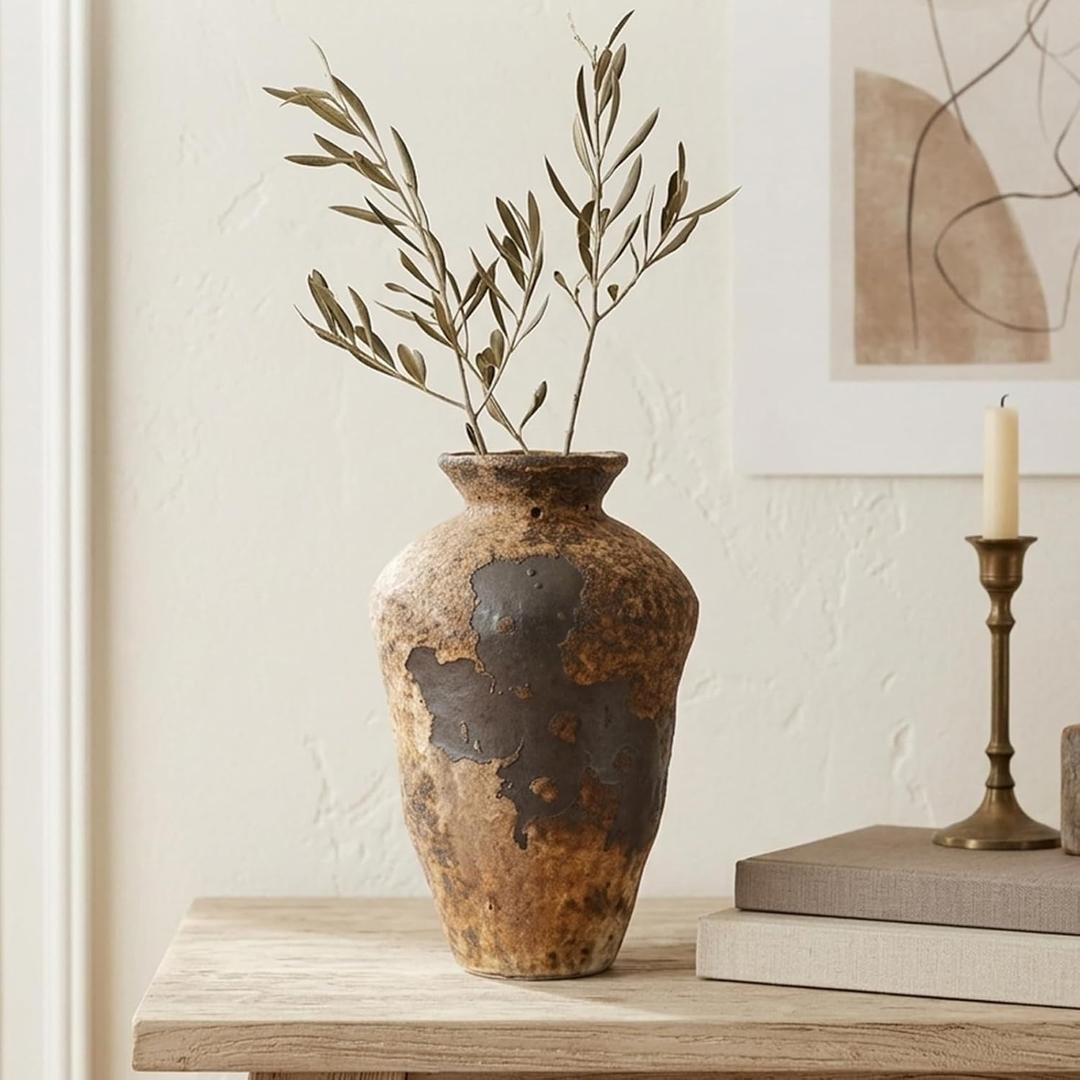 Small Stone Vase for Rustic Home Decor, Farmhouse Antique Pottery Vase Furniture&Table Flower Decorative, Round Terracotta Vases for Living Room Decor, Modern Rustic Concrete Clay Art Vases