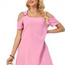 Summer Women's Casual Dress with Thin Straps Off-The-Shoulder Short Sleeves Flowing Beach Resort A-Line Dress (Pink, L)