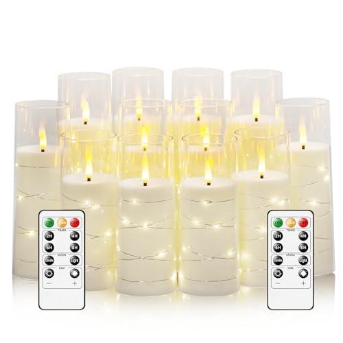 Sasigeiaa Flameless Candles with Embedded Star String - Battery Operated LED Candles, with Remote,12 White Flickering Candles for Christmas, Weddings, Home Decor & Party,(D 2.3"×H 5" 6" 7")
