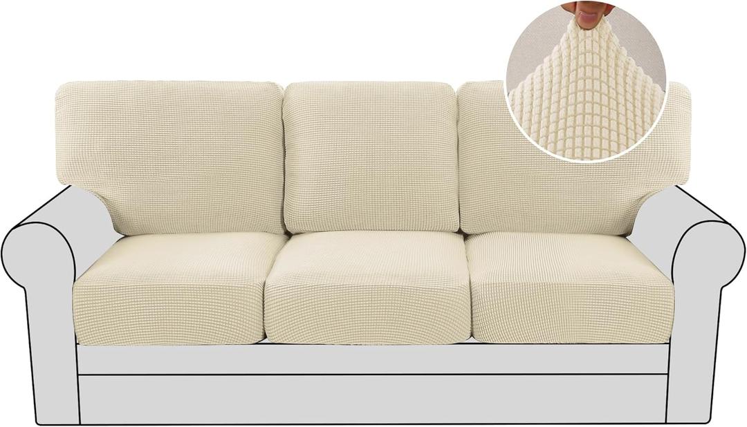 H.VERSAILTEX Multi-Pieces Couch Covers for 3 Cushion Sofa High Stretch Couch Cushion Covers Jacquard Textured Twill Fabric(3 Seat Covers Plus 3 Back Cushion Covers, Natural)