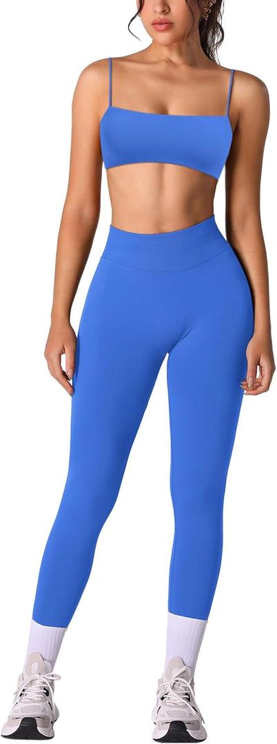ABOCIW Workout Sets for Women 2 Piece Seamless Bandeau Strappy Sports Bra High Waist Leggings Yoga Gym Work Out Clothes (Medium, Electric Blue)