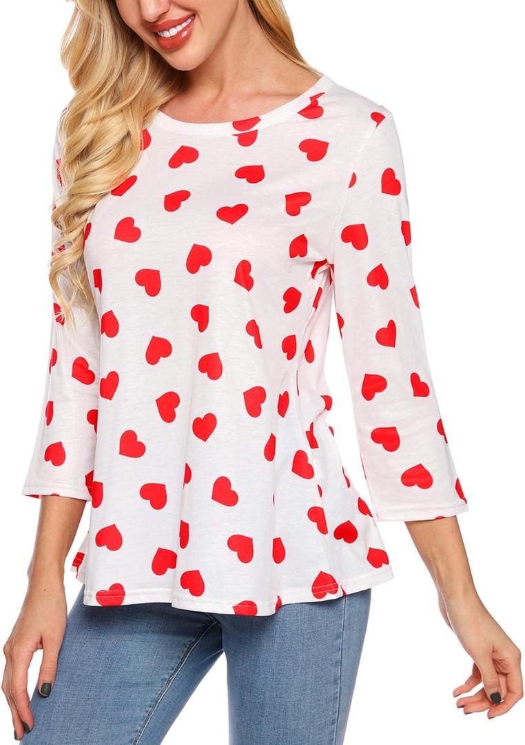 SATINIOR Womens Valentines Shirts 3/4 Sleeve Heart Prints Tops Round Neck Blouse Tee Shirts (Small, Red White)