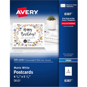 Avery Printable Postcards, 4.25" x 5.5", Matte White, 200 Blank Postcards for Inkjet Printers (8387)