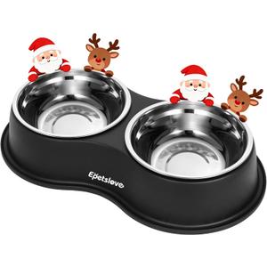 Dog Bowls Double Dog Water and Food Bowl Stainless Steel Bowl with Non-Slip Resin Station, Pet Feeder Bowls for Puppy Medium Dogs Cats (1.Black)