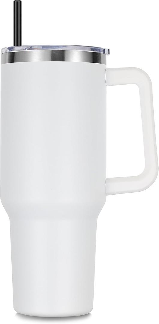 DOMICARE 40 oz Tumbler with Handle and Straw, Stainless Steel Tumbler with Lid and Straw, Reusable Vacuum Insulated Cup, Travel Coffee Mug, White, 1Pack