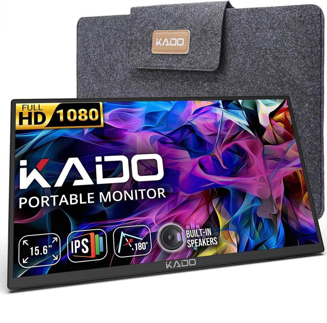 Kado Portable Monitor 15.6'' FHD 1080p, USB-C HDMI Gaming Monitor Ultra-Slim IPS Display Built-in Speakers, External Display 180 Kickstand Wall/Arm Mount for Laptop PC Phone Mac Xbox PS4/PS5 Switch
