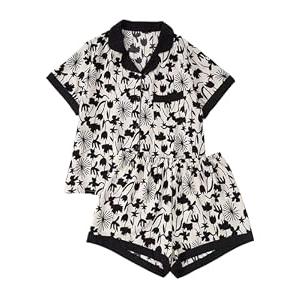 WDIRARA Women's Plus Size Floral 2 Piece Pajama Sets Short Sleeve Button Down Shorts Pjs Sleepwear Beige 3X-Large Plus