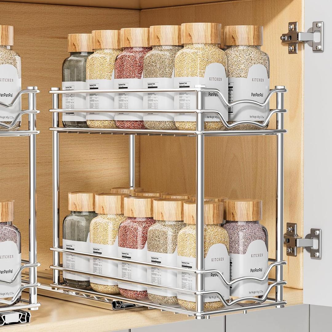 PanPanPal Pull Out Spice Rack Organizer for Inside Cabinet, 2 Tier Slide Out Spice Organization for Cabinet, Chrome Vertical Sliding Seasoning Organizer, 4.9'' Wx10.4'' Dx9.38'' H (Silver)