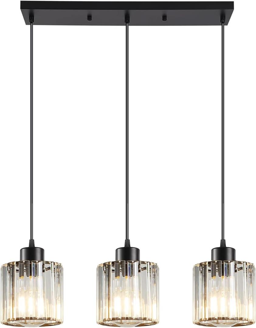 3 Light Pendant Lighting for Kitchen Island, Black Hanging Light Fixture for Ceiling, Farmhouse Dining Room Lights for Bedroom, Hallway, Modern Glass Chandelier, E26 Base, Bulbs Not Included