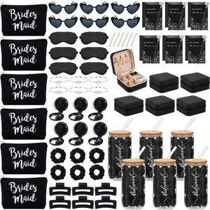 MotiMind 124 Pcs Bridesmaid Proposal Gifts Will You Be My Bridesmaid Gift Set of 6,16oz Glass Cup Jewelry Box Cosmetic Makeup Bag Invited Cards, Favors for Bridal Wedding Bachelorette Party (Black), about 1.57 inches