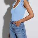 AGSEEM Women Summer Ruffle Tops Sexy Deep V Neck Short Sleeve Shirts Trendy Casual Ribbed Slim Fitted Knit Tees Blouse (Blue, M)