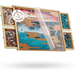 1000 Piece Wooden Jigsaw Puzzle Board - 4 Drawers, Non-Rotating Puzzle Table | 30 X 22 Jigsaw Puzzle Tables | Plastic Cover Included - Portable Puzzles Tables for Adults by Beyond Innoventions