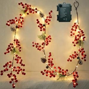 6.56FT Christmas Garland Decorations Red Berry Garlands with Lights 96 Fairy LED Lights Lighted Pine Garland for Mantle Fireplace Table Stairs Railing Xmas Tree Indoor Outdoor Winter Holiday Decor