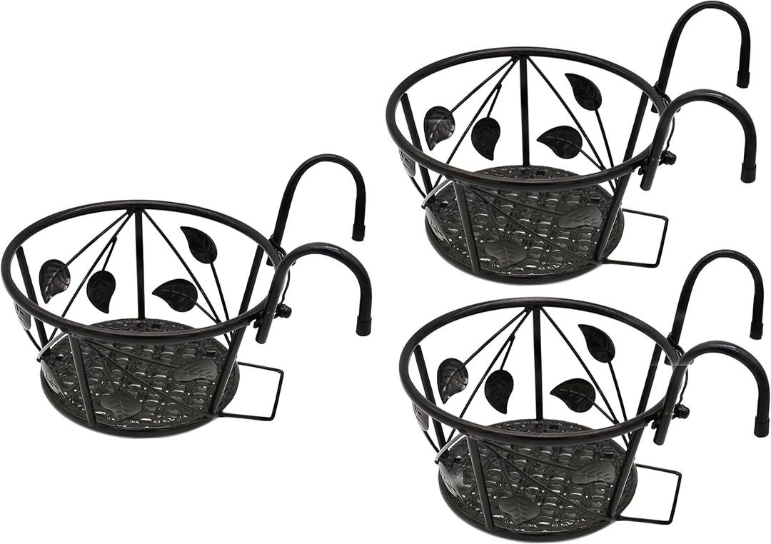 Iron Art Metal Railing Flower Pot Hanging Basket for Indoor Pot Holder Hanger 3 Pack Outdoor Plants Perfect for Porches and Patio Decor Leaf Pattern (Black)