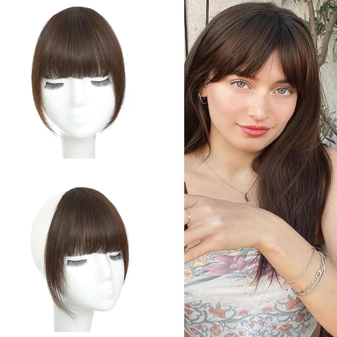 Clip-in Hair Bangs Extensions,with Invisible Clips Airy French and Air Bangs Thin Hair with Temple Coverage for Women Curved Bangs Easy to Style for Daily Wear (Dark brown1, French bangs)