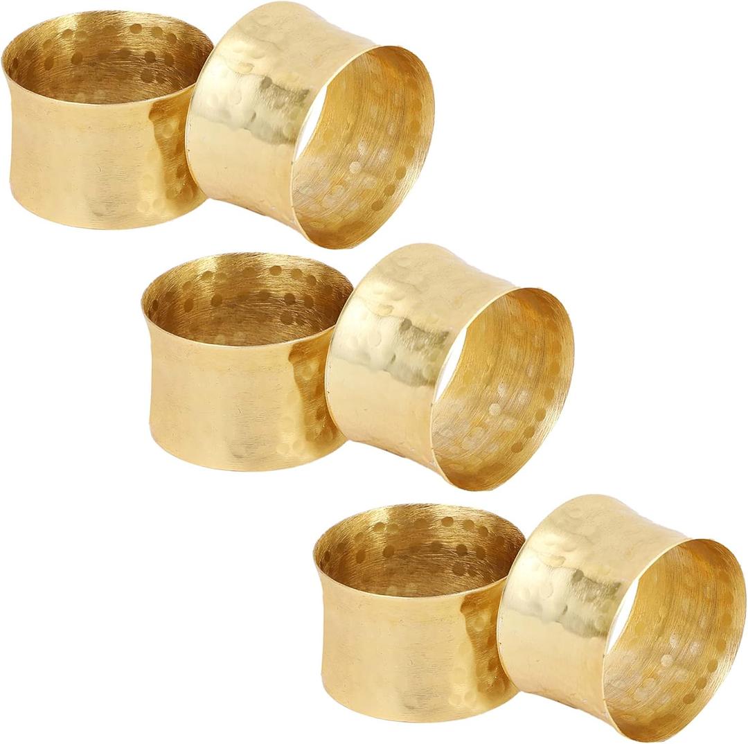 Handmade Round Hammered Golden Napkin Rings Holder for Dinning Table Parties Everyday, Set of 6