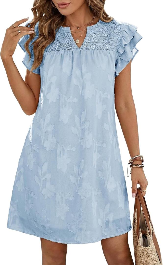 Dokotoo Womens Summer Dresses 2026 Ruffle Short Sleeve Casual V Neck Smocked Floral Burnout Mini Dress Sundress (XX-Large, Sky Blue)