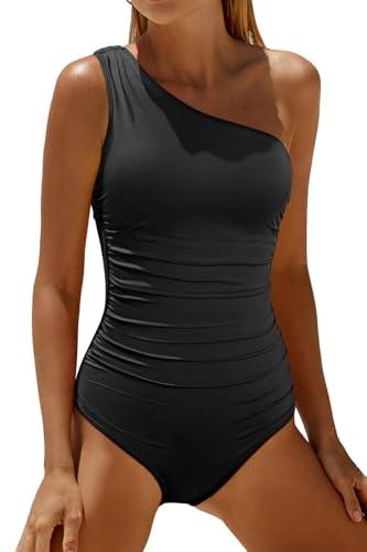 Daci Black One Shoulder One Piece Swimsuits for Women Tummy Control Bathing Suits Modest Full Coverage Slimming Swimwear XL