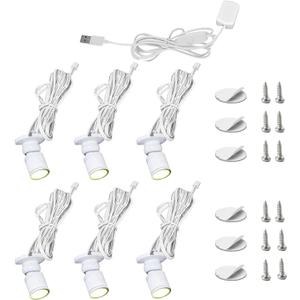 6 PCS Mini LED Spotlight for Display Cabinet, Aluminum USB Showcase Lights with Dimmer, 5V 1W Rotatable Jewelry Display Lighting for Painting Plant Picture (Warm White 3000K, White)