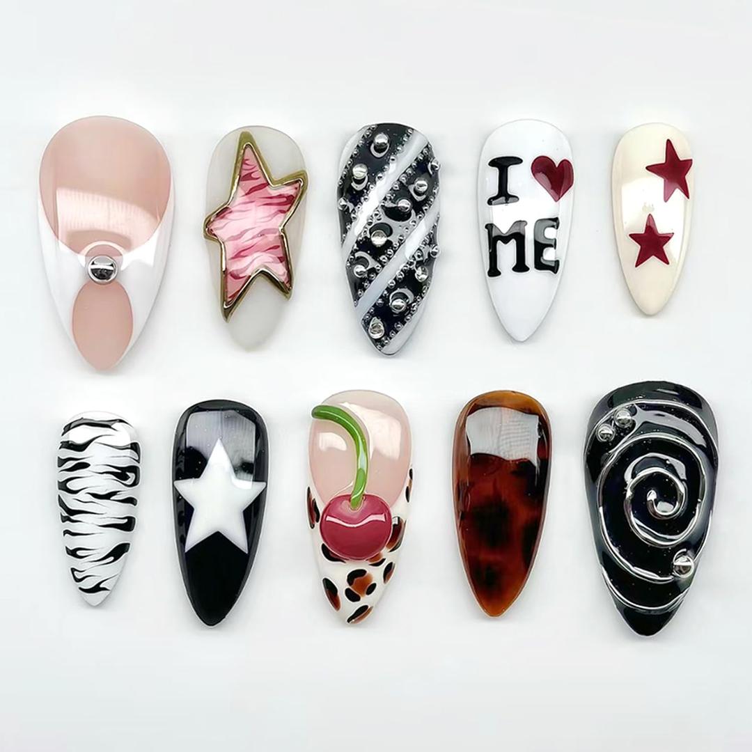 30Pcs Leopard French Tip Press on Nails Medium Almond Fake Nails Zebra Stripes False Nails Red Heart Star Artificial Glue on Nails Glossy Full Cover Y2K Stars Cherry Acrylic Stick on Nail for Women