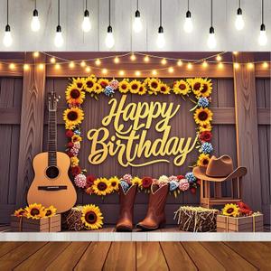 71x47 inch Rustic Country Wooden Happy Birthday Party Backdrops Banners Western Cowgirl Cowboy Photo Backdrops Backgrounds Retro Happy Birthday Sign Decorations Supplies (Wood)