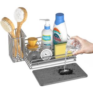 Yofidra Kitchen Sink Caddy with Instant Drying Stone, Metal Stainless Steel Dish Sponge Holder Basket for Sponges, Scrubbers, Soap, 9.5" X 5.5" X 5.7" Sink Box Organizer (Sliver)