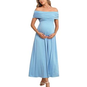 Off The Shoulder Maxi Maternity Dress for Photoshoot Baby Shower Sleeveless Casual Long Dresses (S)