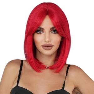 PARK YUN Red Bob Short Straight Wig with Curtain Bang 14 Inch Synthetic Heat Resistant Wig for Women Halloween Cosplay Party Wig for Daily used.