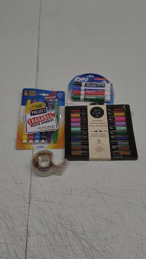 Pack of 4: 1) Crayola Erasable Poster Markers; 2) Poster Board Markers; 3) Cool School Supplies, Scotch