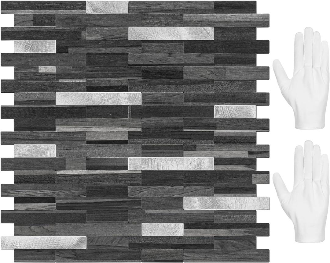 STICKGOO Peel and Stick Backsplash Tile, Stick on Backsplash for Kitchen and Bathroom, Black Grey Wood Look PVC Mixed Metal Silver Self Adhesive Wall Tiles(10 Sheets)