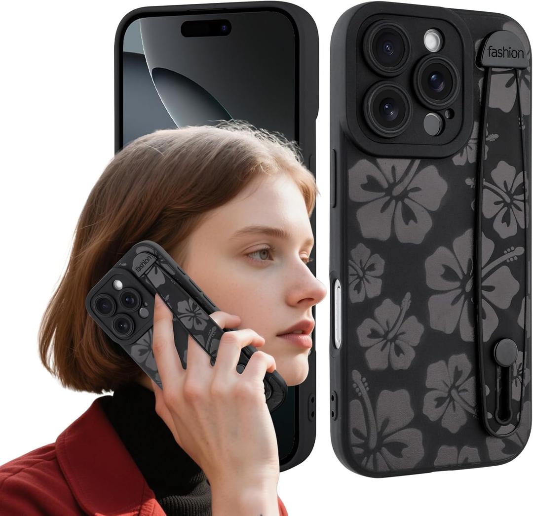 Fiyart Designed for iPhone 16 Pro Case Cute Flowers with Strap Soft TPU Phone Cover Protective Camera Lens Protection for Women Men Floral Bumper with Stand 6.3"-Black