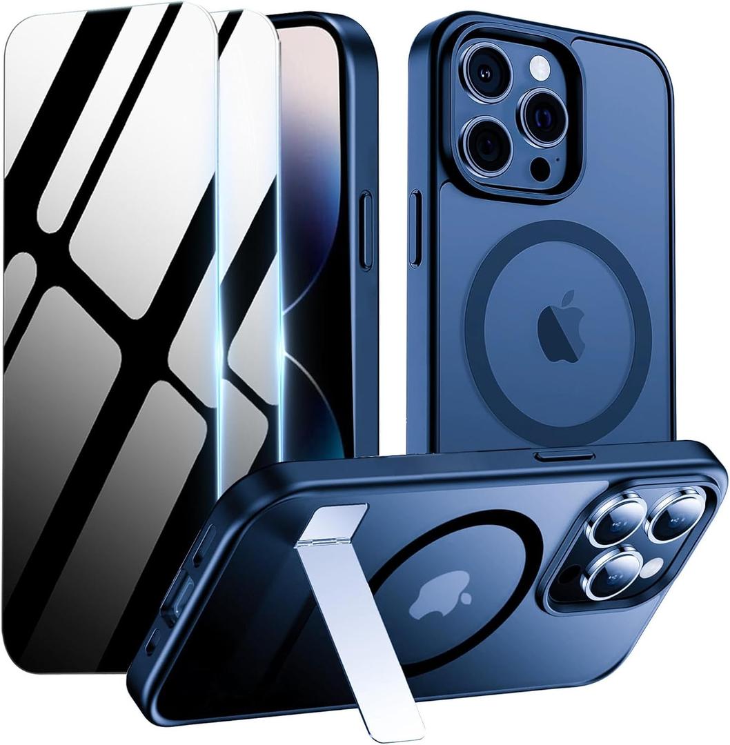 Magnetic Case for iPhone 14 Pro Max with Privacy Screen Protector & Folding Kikstand [Compatible with MagSafe],Soft Shockproof Phone Case Protective Bumper Cover for iPhone 14 ProMax,Blue