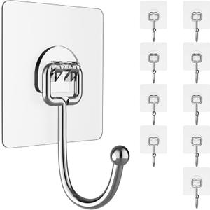 Large Hooks for Hanging Heavy-Duty 44Ib(Max) 10 Packs, Wall Hangers Without Nails Self-Adhesive Traceless Clear and Removable, Waterproof and Rustproof Multiple Uses for Bathroom Kitchen Home