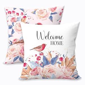 SDFBFVSA 2 Pcs Pink Rose Bird Decorative Throw Pillow Cover, Vintage Natural Flower Bouquet Art Design Square Pillowcases for Couch Sofa Bed Bedroom Apartment Dorm Living Room Office Home Decor, 18"L x 18"W
