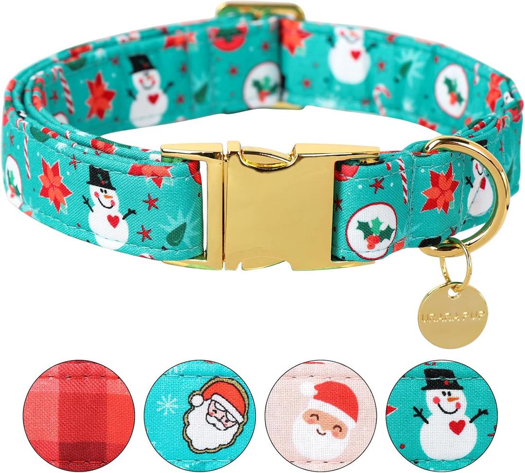 Christmas Dog Collar, Cotton Christmas Collar for Puppy Girl Dog or Cat, Green Dog Collar Flower with Durable Metal Buckle, Christmas Snowman Gift Pet Collar, L