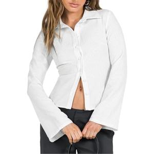 ECHOINE Women Button Down Shirts Long Sleeves Slim Fitted Casual Collared Blouses Work Striped Tops White M