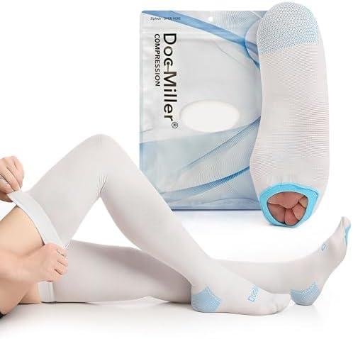 Doc Miller TED Hose Thigh High Anti Embolism Stockings for Women & Men, Hospital Style Surgical Stockings, Plus Size White Compression Socks 15-20mmHg, Support Hose with Inspection Hole, XXL