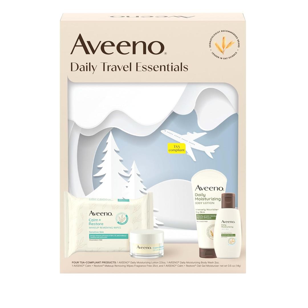 Aveeno Daily Travel Essentials Gift Set with Daily Moisturizing Lotion, Daily Moisturizing Body Wash, Calm + Restore Makeup Removing Wipes, & Calm + Restore Oat Gel Moisturizer, 4 items (4.5 Fl Oz (Pack of 4))