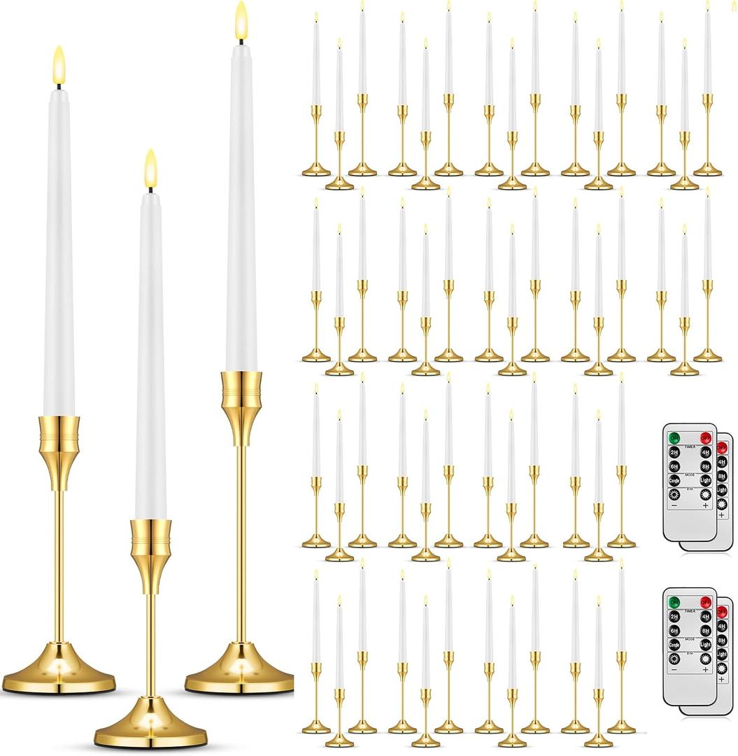 Glooglitter 60 Set(120 Pcs) Gold Candle Holders with LED Flameless Taper Candles Bulk Include Metal Taper Candlestick Holder Battery Operated Flickering Candle with 2 Timer for Christmas Wedding Gift