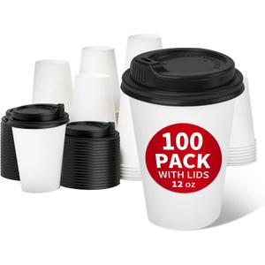 RACETOP 100 Pack 12 oz Disposable Paper Coffee Cups with Lids, Paper Cups with Lids 12 oz, Hot Cups for Home/Office (White)