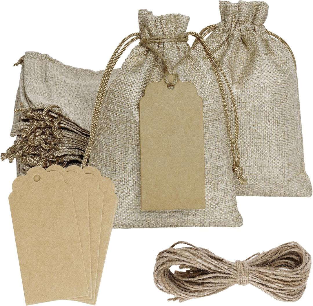 Yymobt 25PCS Burlap Bags with Drawstring, Reusable Burlap Favor Bag 5 x 7 Small Party Sacks for DIY Craft, Party, Christmas, Wedding, Festival Presents Bulk Bags (Linen)