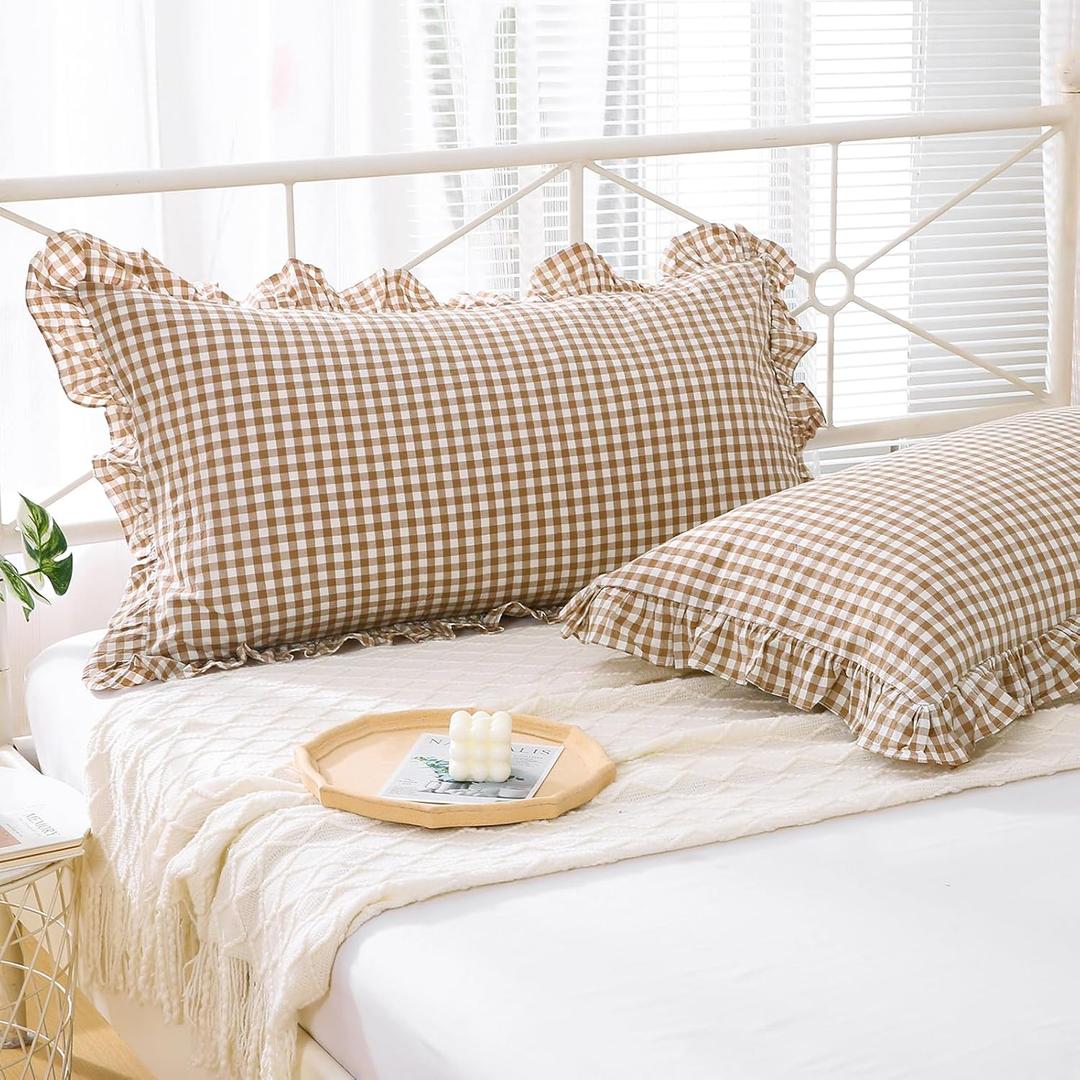 2 Pack Taupe White Plaid Gingham Ruffle Pillow Shams Standard Size, 100% Washed Cotton Checkered Farmhouse Pillow Covers for Bed/Sofa Envelope Closure - 20''x26''