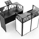 Foldable DJ Booth with Laptop Stand, DJ Table with Dual Corner Panels, Upgraded Metal Frame DJ Facade with Heavy-Duty Reinforced Desktop, DJ Stand for Parties, Black & White Scrims, Carry Bag