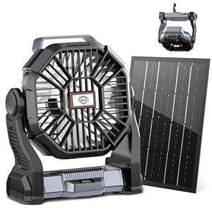 CONBOLA 20000mAh Solar Fan, Camping Fan with Solar Panel, 9W Rechargeable Solar Powered with LED Lantern for Outside, Quiet Battery Operated for Picnic, Barbecue, Fishing, Travel