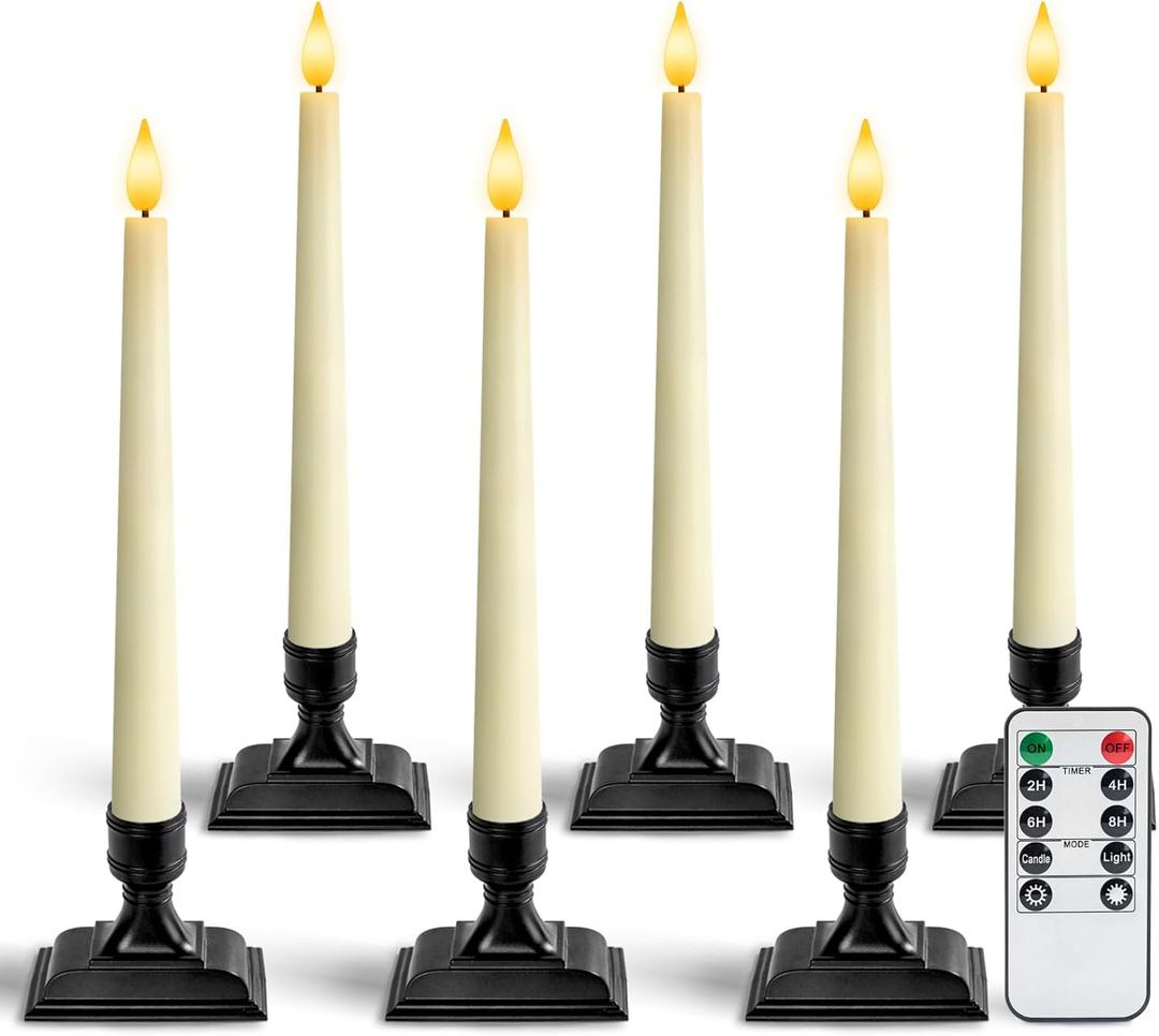 Homemory Wax Window Candles with Remote Timer Dimmer, Battery Operated Candlesticks with Holders, Christmas LED Candlesticks for Window Home Part Decor, 6 Pcs Ivory